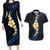 Pacific Hibiscus and Plumeria with Tapa Pattern Couples Matching Long Sleeve Bodycon Dress and Hawaiian Shirt Dark Blue Color