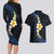 Pacific Hibiscus and Plumeria with Tapa Pattern Couples Matching Long Sleeve Bodycon Dress and Hawaiian Shirt Dark Blue Color