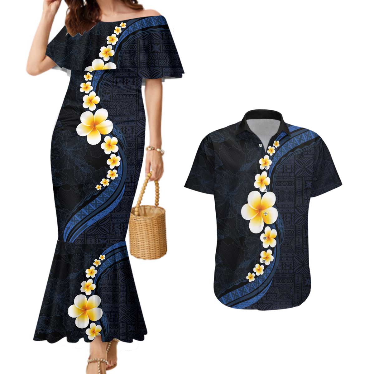 Pacific Hibiscus and Plumeria with Tapa Pattern Couples Matching Mermaid Dress and Hawaiian Shirt Dark Blue Color