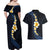 Pacific Hibiscus and Plumeria with Tapa Pattern Couples Matching Off Shoulder Maxi Dress and Hawaiian Shirt Dark Blue Color