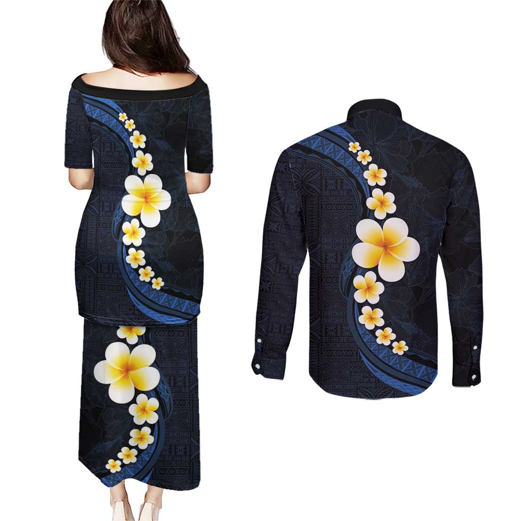 Pacific Hibiscus and Plumeria with Tapa Pattern Couples Matching Puletasi and Long Sleeve Button Shirt Dark Blue Color LT03 - Polynesian Pride