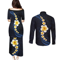 Pacific Hibiscus and Plumeria with Tapa Pattern Couples Matching Puletasi and Long Sleeve Button Shirt Dark Blue Color LT03 - Polynesian Pride