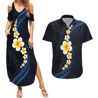 Pacific Hibiscus and Plumeria with Tapa Pattern Couples Matching Summer Maxi Dress and Hawaiian Shirt Dark Blue Color