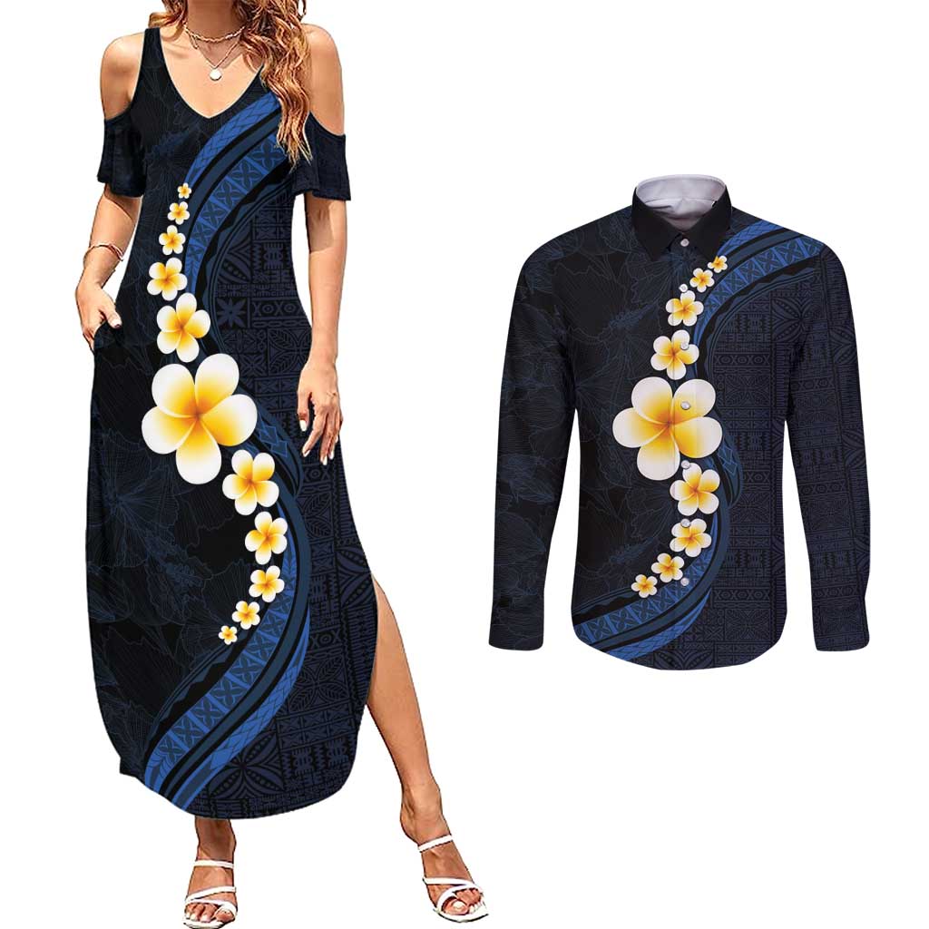 Pacific Hibiscus and Plumeria with Tapa Pattern Couples Matching Summer Maxi Dress and Long Sleeve Button Shirt Dark Blue Color