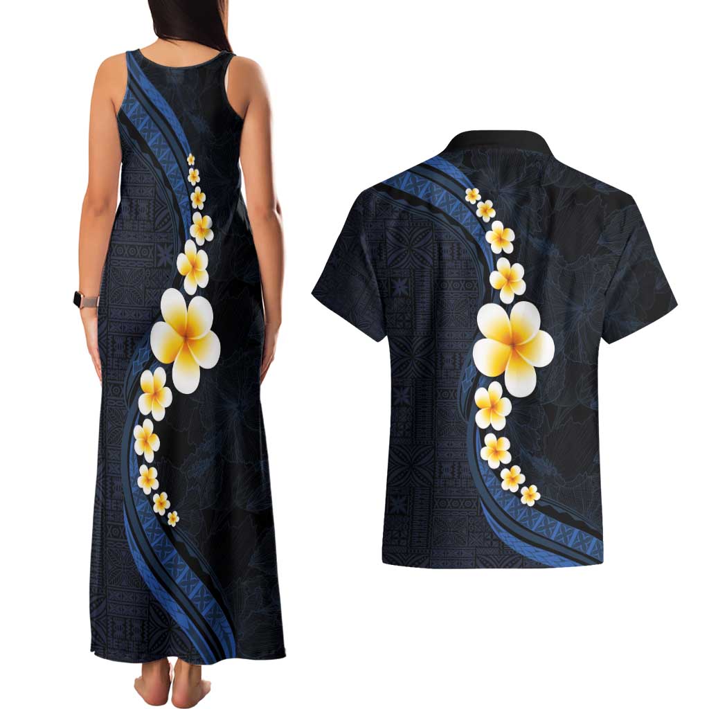 Pacific Hibiscus and Plumeria with Tapa Pattern Couples Matching Tank Maxi Dress and Hawaiian Shirt Dark Blue Color