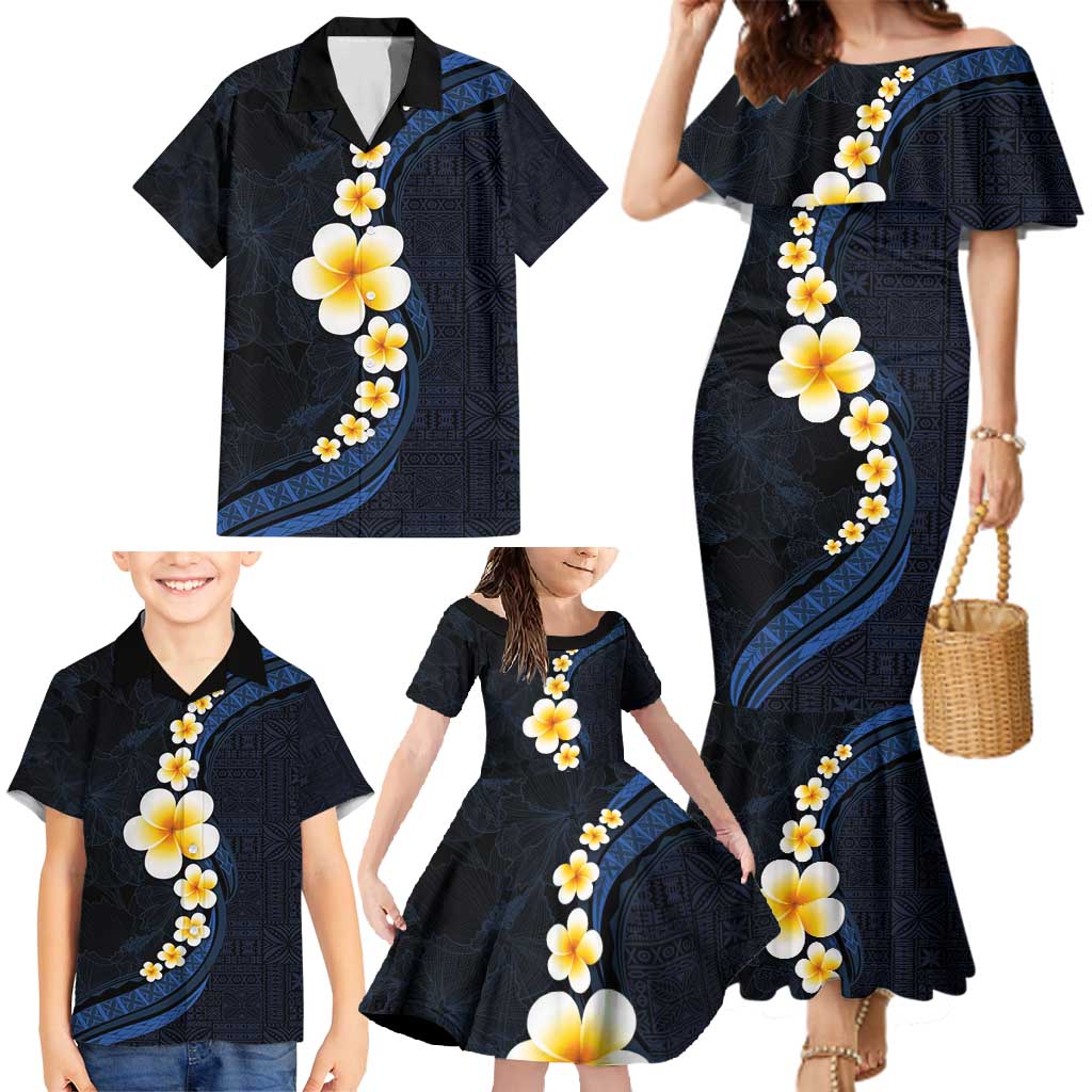 Pacific Hibiscus and Plumeria with Tapa Pattern Family Matching Mermaid Dress and Hawaiian Shirt Dark Blue Color