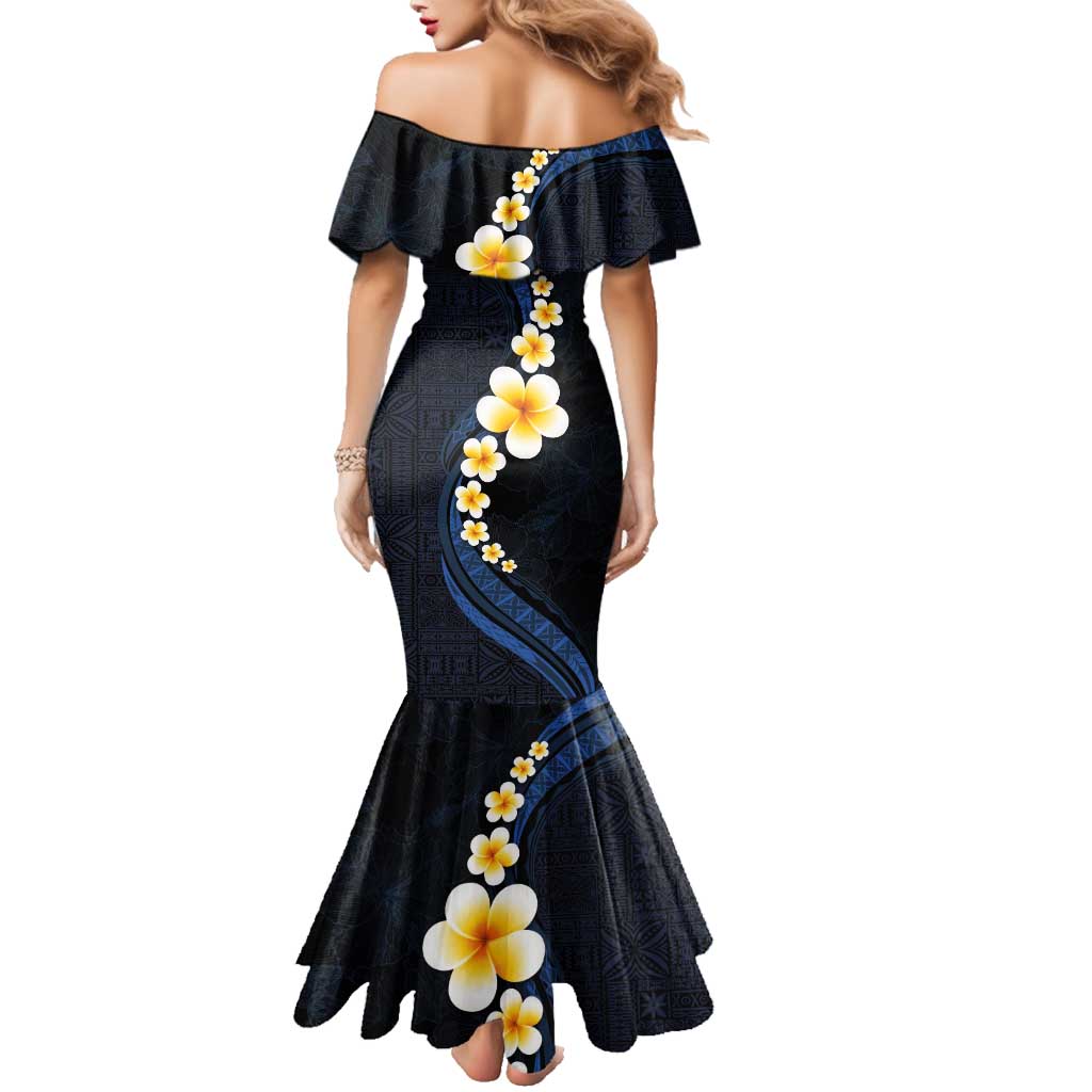 Pacific Hibiscus and Plumeria with Tapa Pattern Family Matching Mermaid Dress and Hawaiian Shirt Dark Blue Color