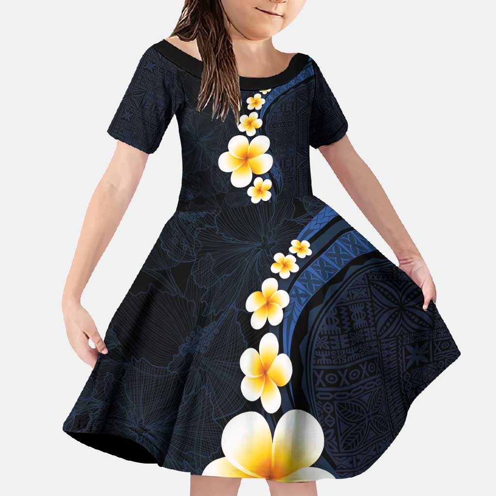 Pacific Hibiscus and Plumeria with Tapa Pattern Family Matching Off Shoulder Maxi Dress and Hawaiian Shirt Dark Blue Color