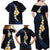 Pacific Hibiscus and Plumeria with Tapa Pattern Family Matching Off Shoulder Maxi Dress and Hawaiian Shirt Dark Blue Color