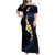 Pacific Hibiscus and Plumeria with Tapa Pattern Family Matching Off Shoulder Maxi Dress and Hawaiian Shirt Dark Blue Color