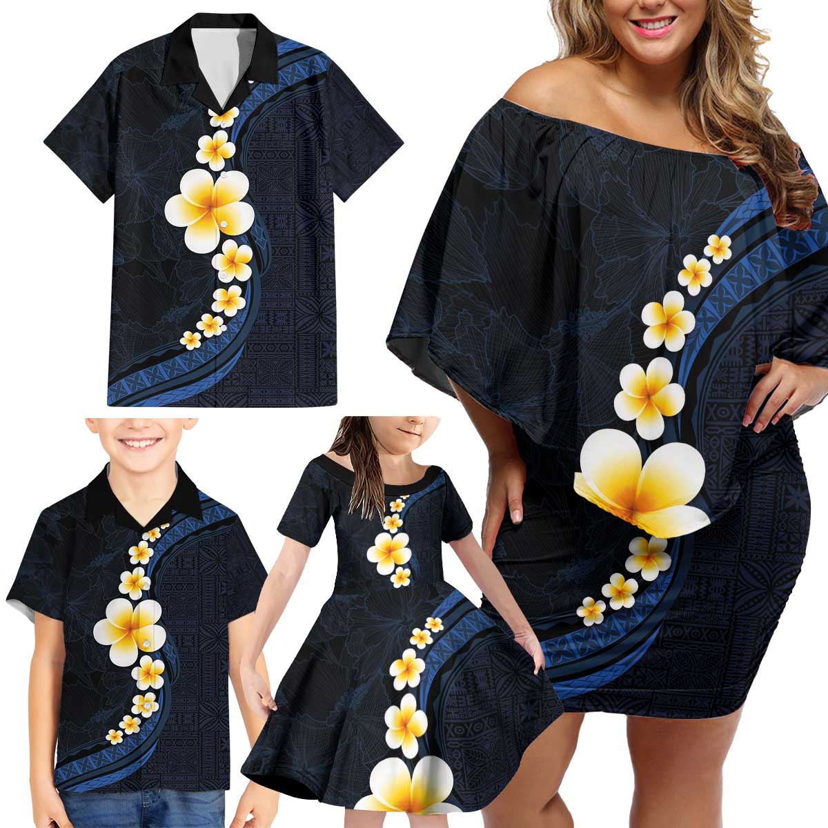 Pacific Hibiscus and Plumeria with Tapa Pattern Family Matching Off Shoulder Short Dress and Hawaiian Shirt Dark Blue Color