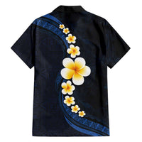 Pacific Hibiscus and Plumeria with Tapa Pattern Family Matching Off Shoulder Short Dress and Hawaiian Shirt Dark Blue Color