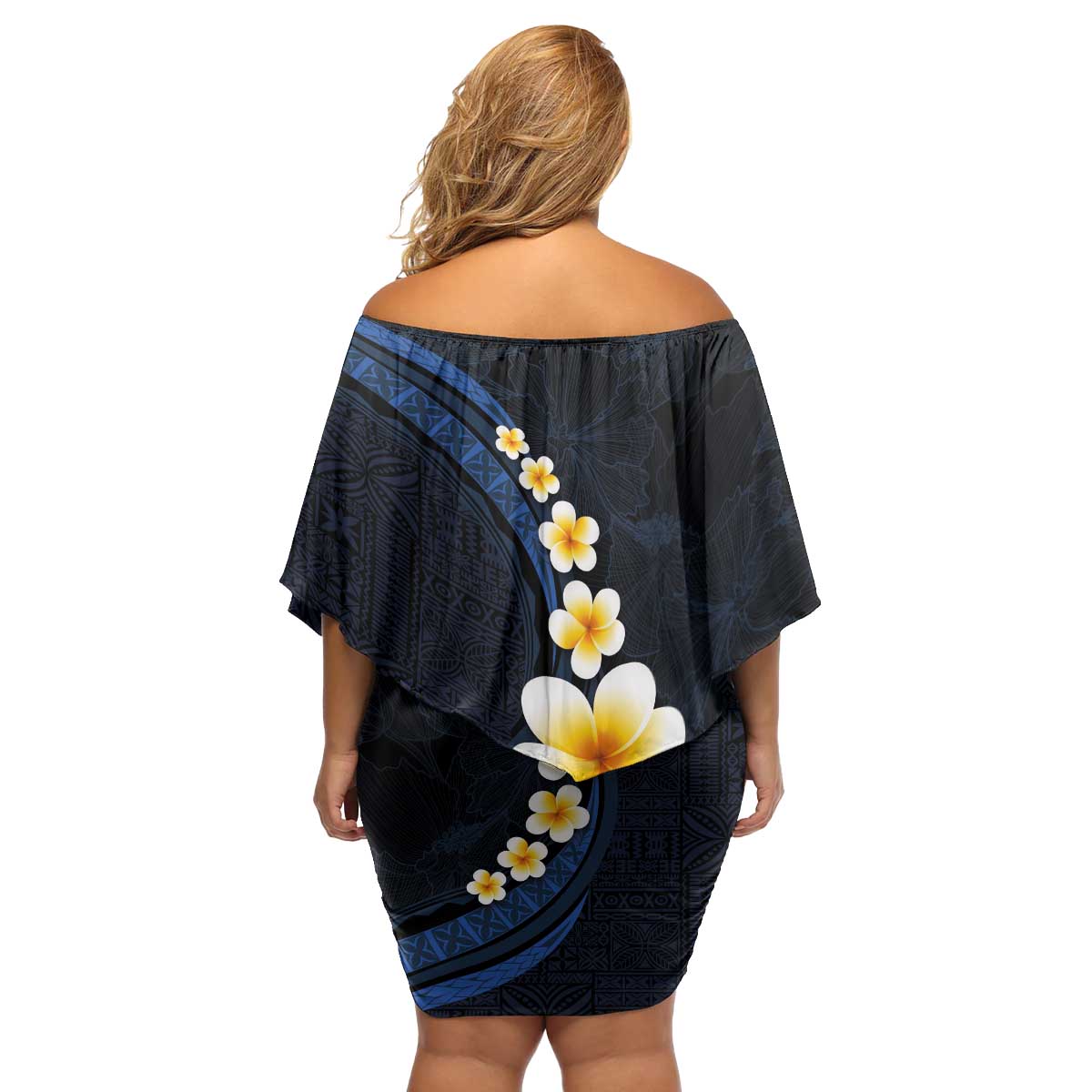 Pacific Hibiscus and Plumeria with Tapa Pattern Family Matching Off Shoulder Short Dress and Hawaiian Shirt Dark Blue Color