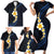 Pacific Hibiscus and Plumeria with Tapa Pattern Family Matching Short Sleeve Bodycon Dress and Hawaiian Shirt Dark Blue Color