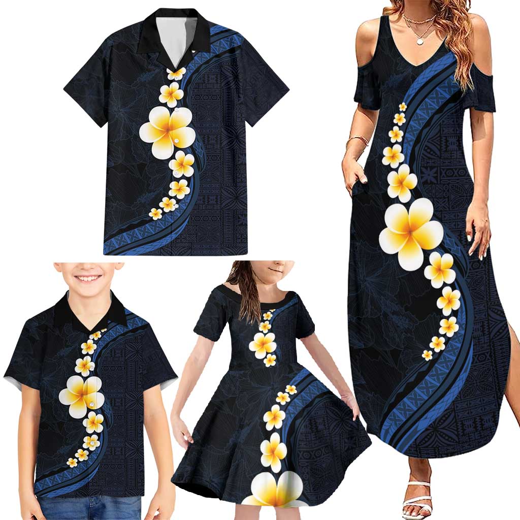 Pacific Hibiscus and Plumeria with Tapa Pattern Family Matching Summer Maxi Dress and Hawaiian Shirt Dark Blue Color