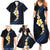 Pacific Hibiscus and Plumeria with Tapa Pattern Family Matching Summer Maxi Dress and Hawaiian Shirt Dark Blue Color