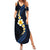 Pacific Hibiscus and Plumeria with Tapa Pattern Family Matching Summer Maxi Dress and Hawaiian Shirt Dark Blue Color