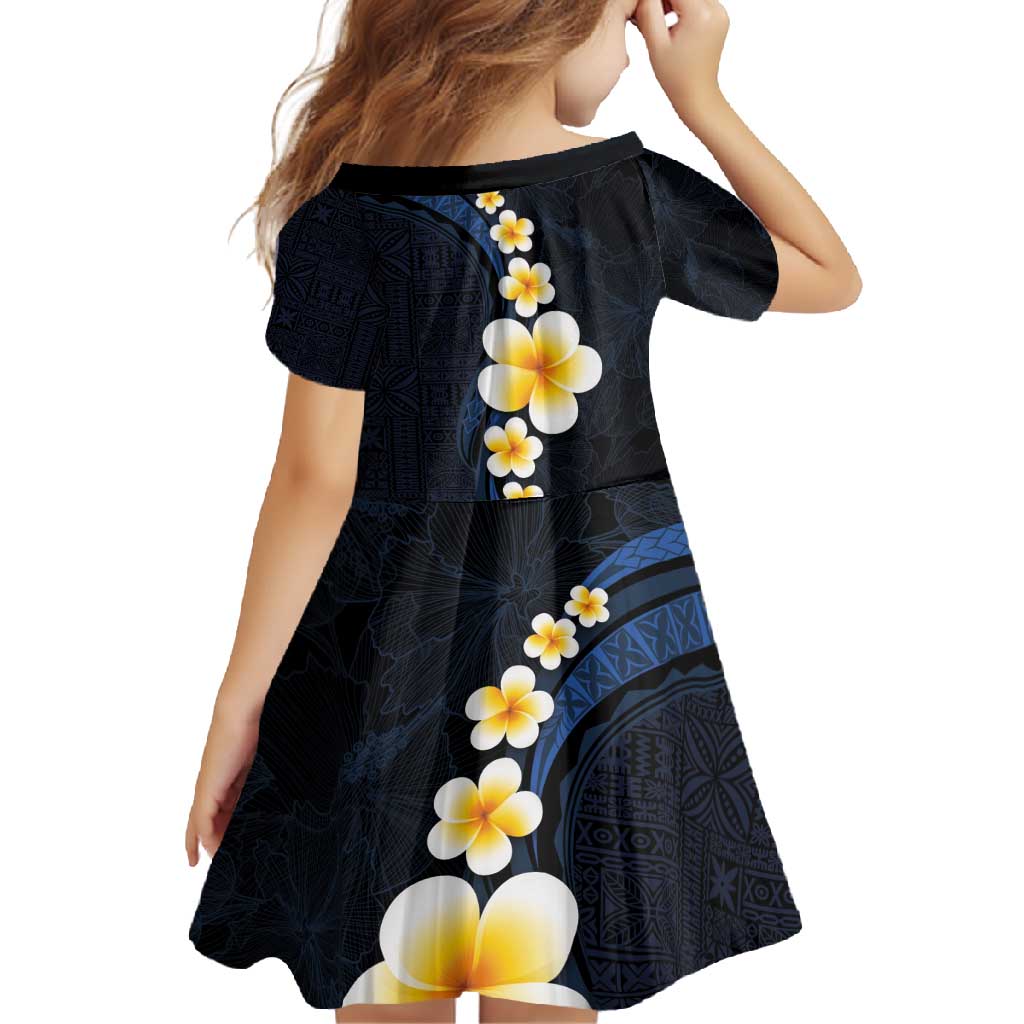 Pacific Hibiscus and Plumeria with Tapa Pattern Family Matching Tank Maxi Dress and Hawaiian Shirt Dark Blue Color