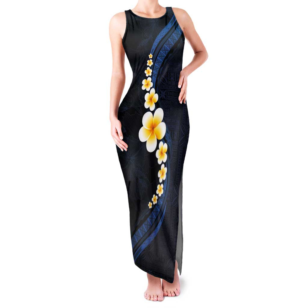 Pacific Hibiscus and Plumeria with Tapa Pattern Family Matching Tank Maxi Dress and Hawaiian Shirt Dark Blue Color