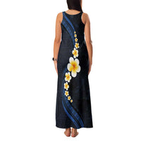 Pacific Hibiscus and Plumeria with Tapa Pattern Family Matching Tank Maxi Dress and Hawaiian Shirt Dark Blue Color