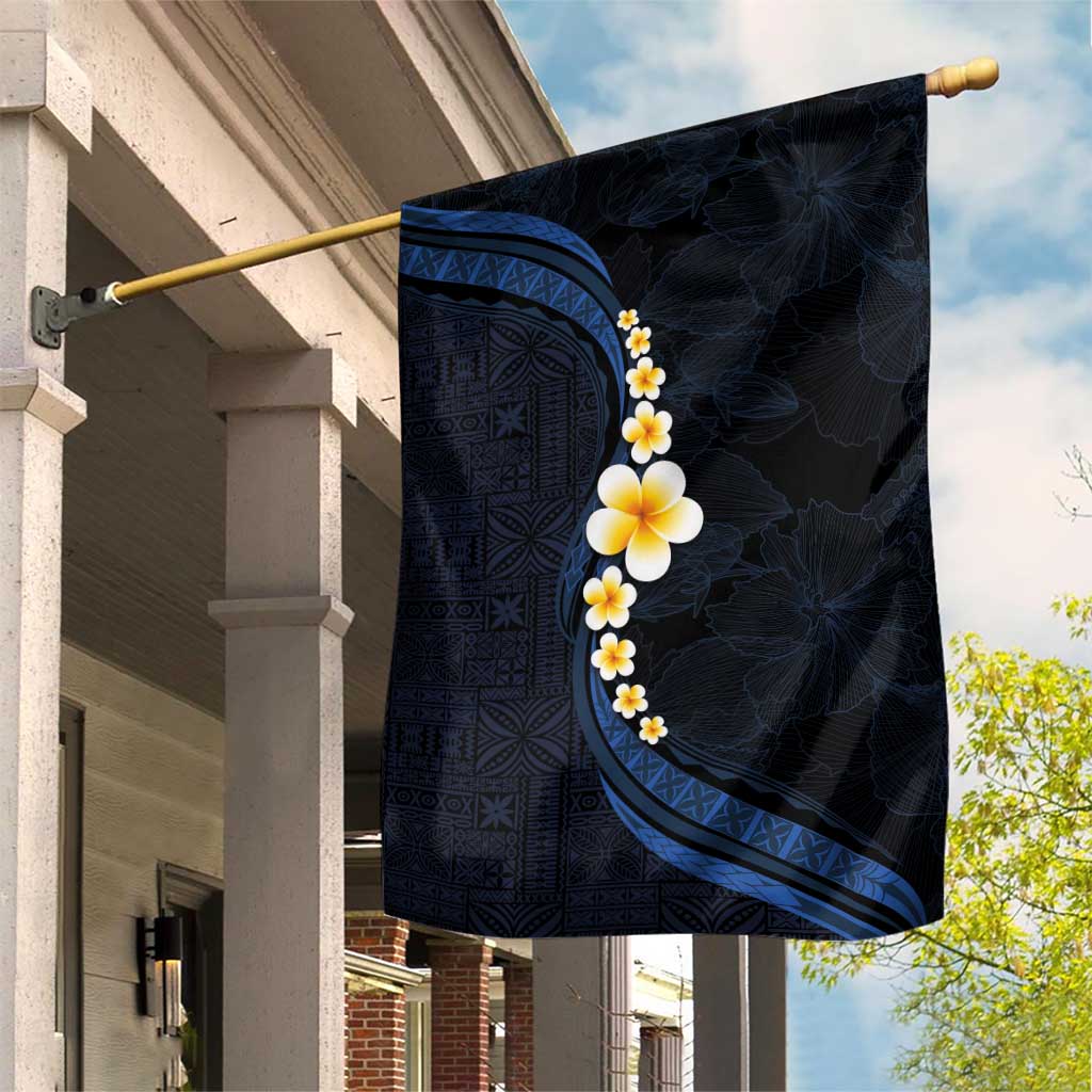 Pacific Hibiscus and Plumeria with Tapa Pattern Garden Flag Dark Blue Color LT03 House Flag Blue - Polynesian Pride