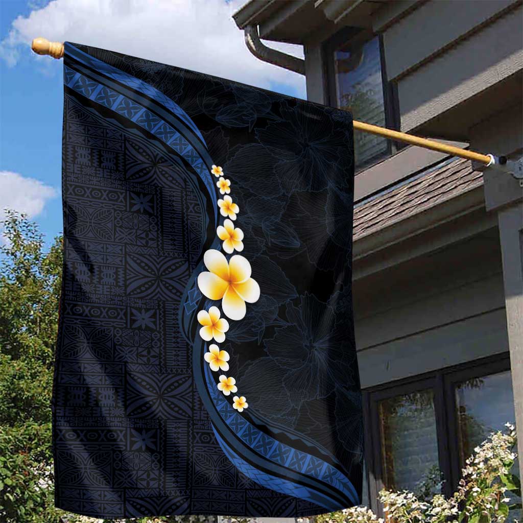 Pacific Hibiscus and Plumeria with Tapa Pattern Garden Flag Dark Blue Color LT03 - Polynesian Pride