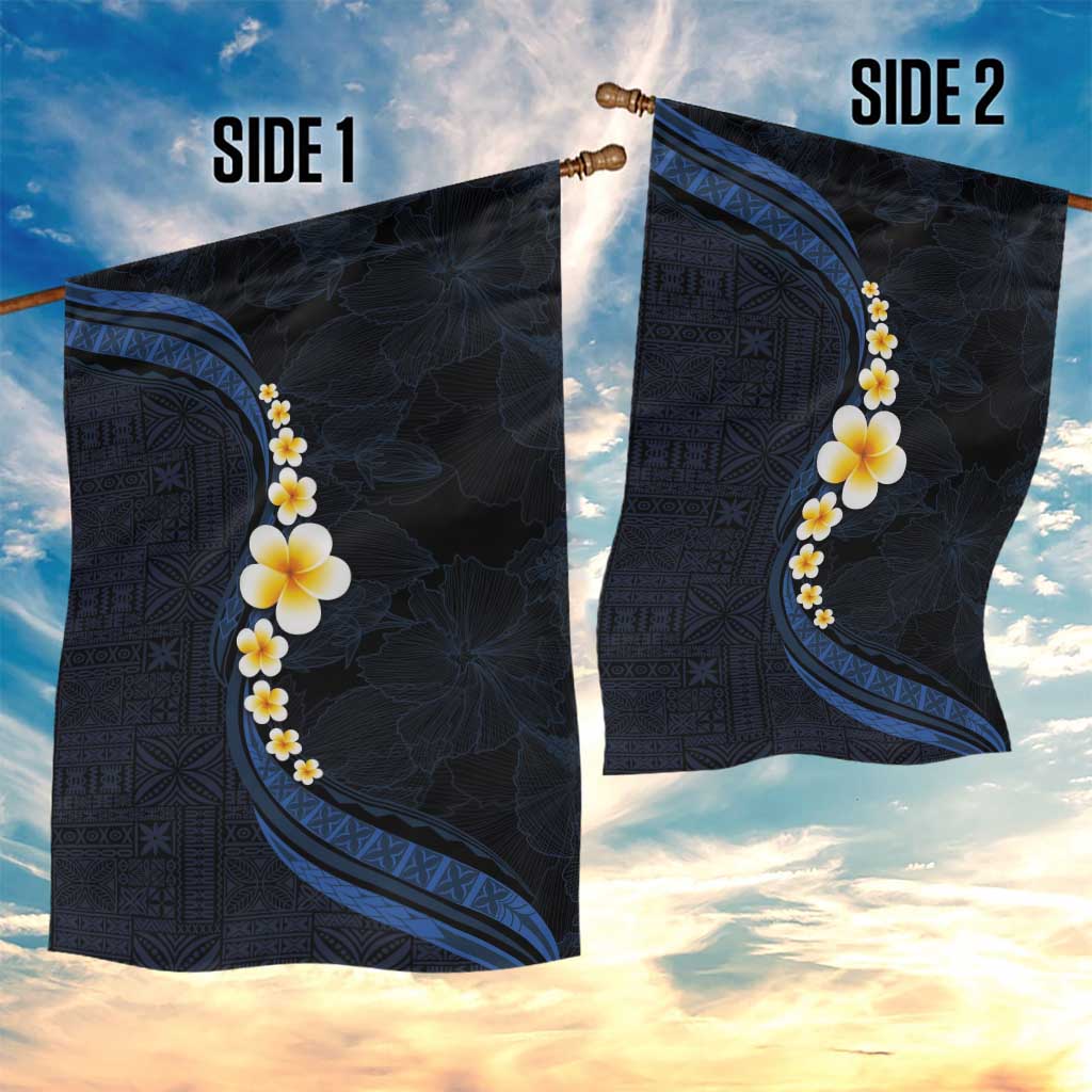 Pacific Hibiscus and Plumeria with Tapa Pattern Garden Flag Dark Blue Color LT03 - Polynesian Pride