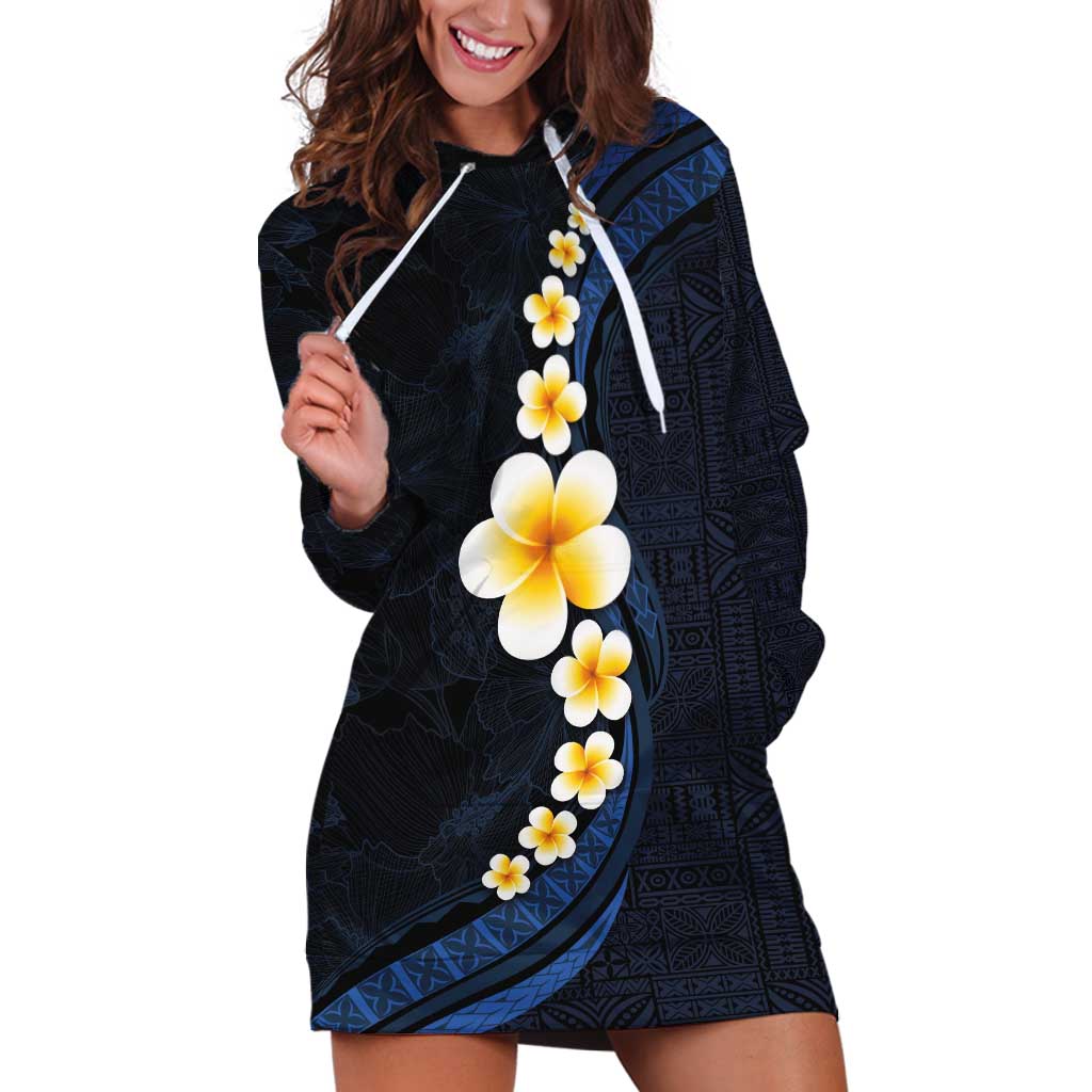 Pacific Hibiscus and Plumeria with Tapa Pattern Hoodie Dress Dark Blue Color LT03 Blue - Polynesian Pride
