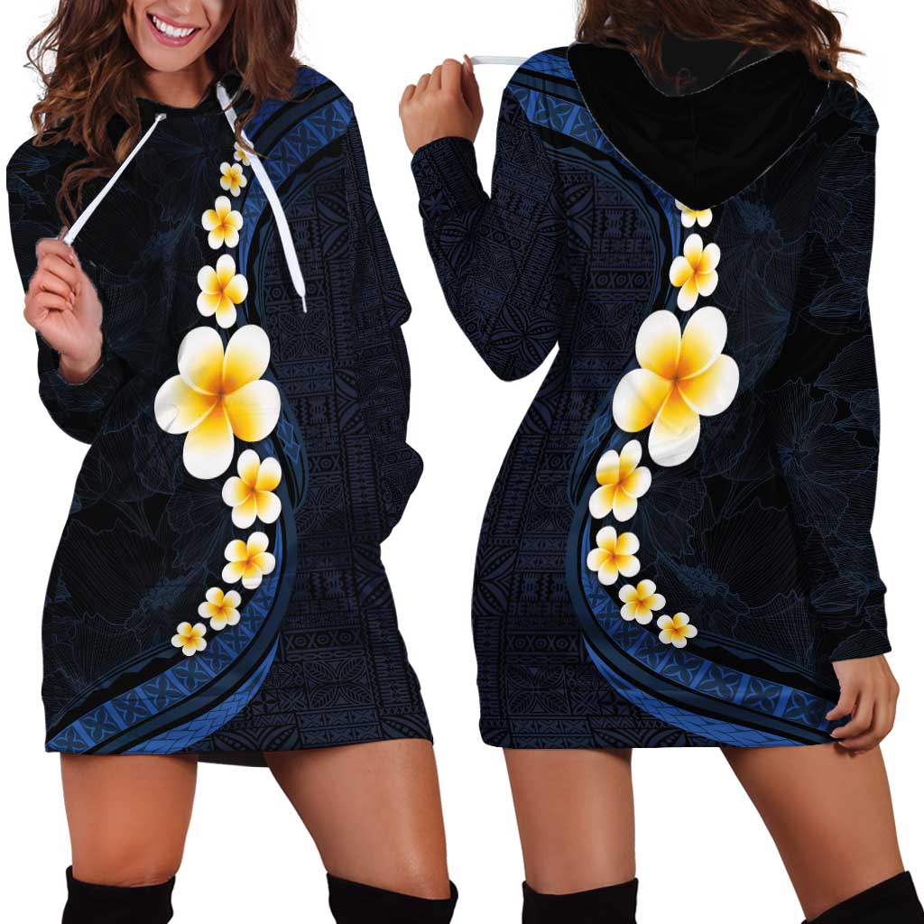 Pacific Hibiscus and Plumeria with Tapa Pattern Hoodie Dress Dark Blue Color LT03 - Polynesian Pride
