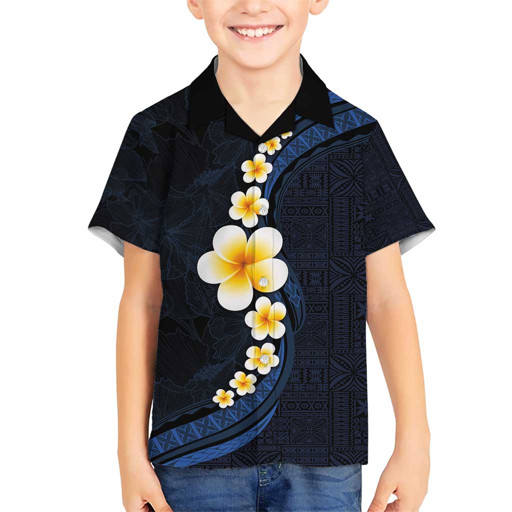 Pacific Hibiscus and Plumeria with Tapa Pattern Kid Hawaiian Shirt Dark Blue Color