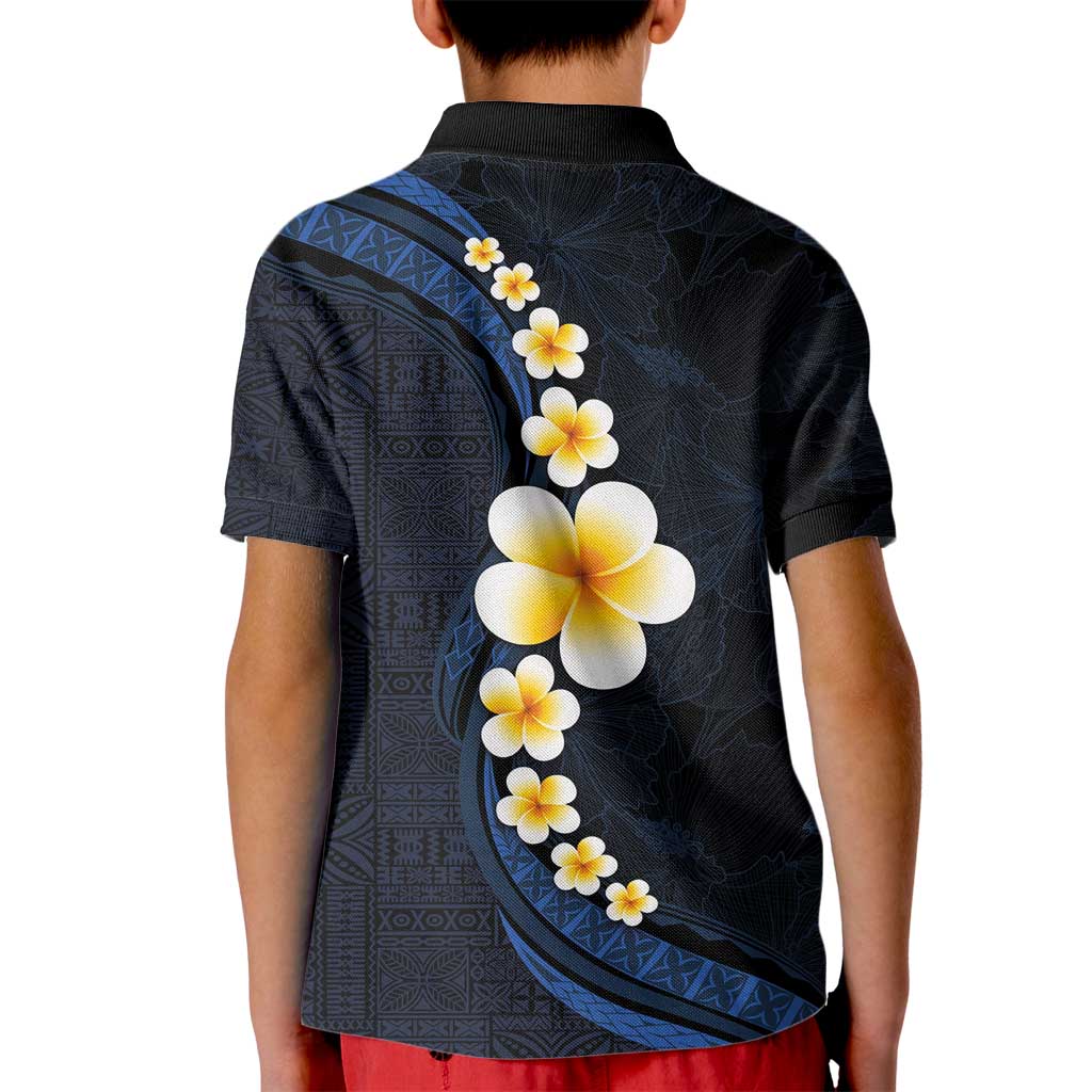 Pacific Hibiscus and Plumeria with Tapa Pattern Kid Polo Shirt Dark Blue Color