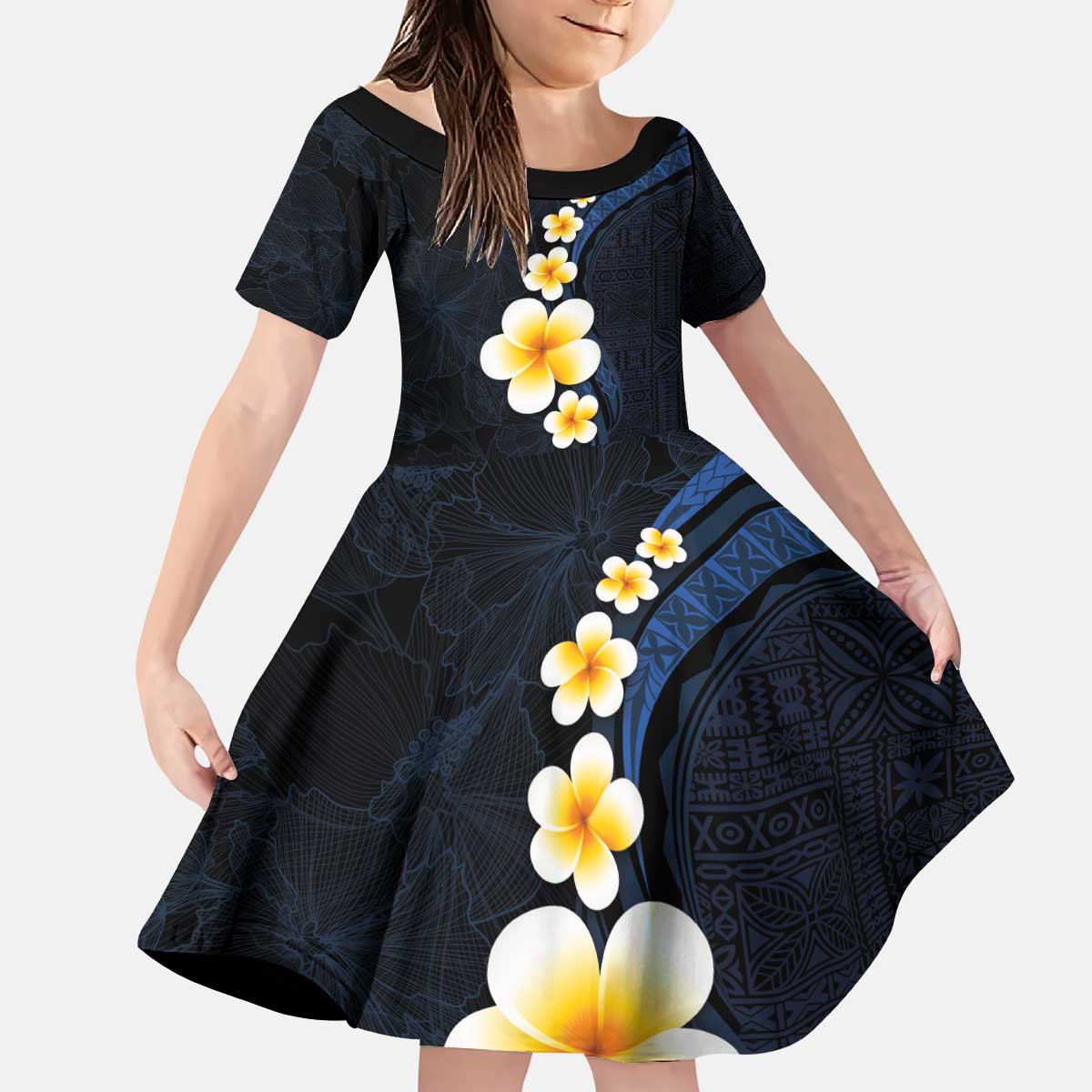 Pacific Hibiscus and Plumeria with Tapa Pattern Kid Short Sleeve Dress Dark Blue Color