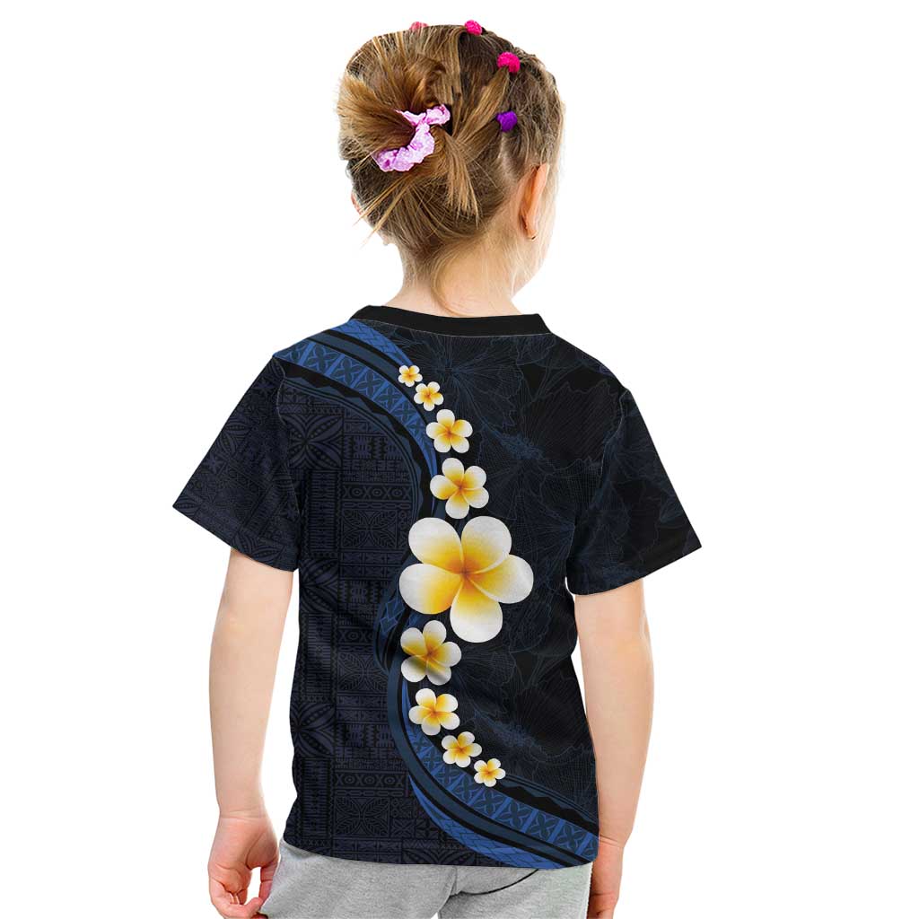 Pacific Hibiscus and Plumeria with Tapa Pattern Kid T Shirt Dark Blue Color
