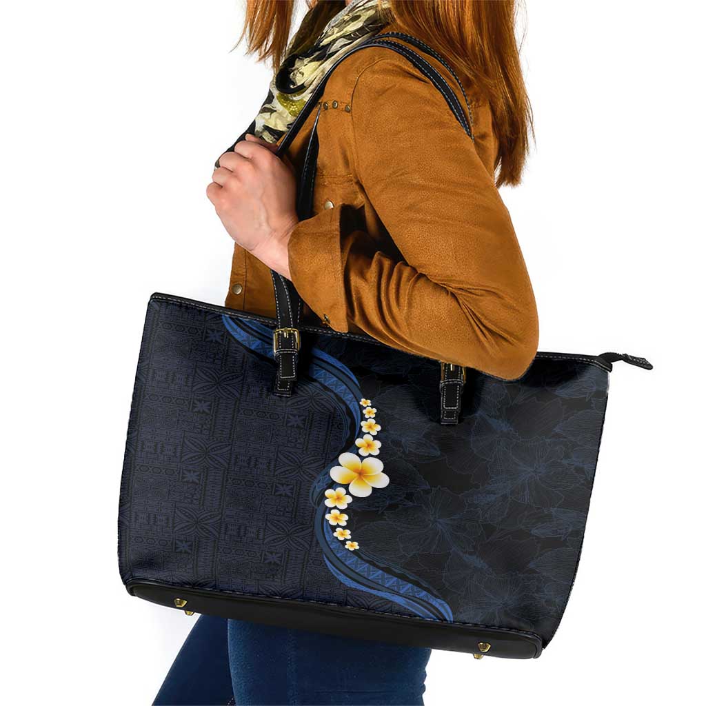 Pacific Hibiscus and Plumeria with Tapa Pattern Leather Tote Bag Dark Blue Color LT03 Blue - Polynesian Pride