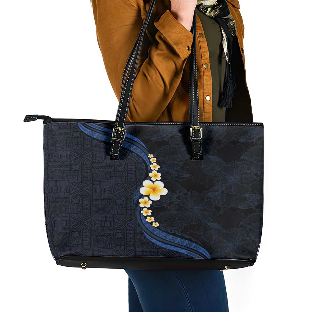 Pacific Hibiscus and Plumeria with Tapa Pattern Leather Tote Bag Dark Blue Color LT03 - Polynesian Pride