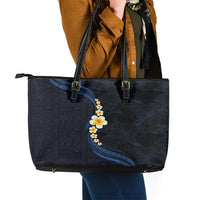 Pacific Hibiscus and Plumeria with Tapa Pattern Leather Tote Bag Dark Blue Color LT03 - Polynesian Pride