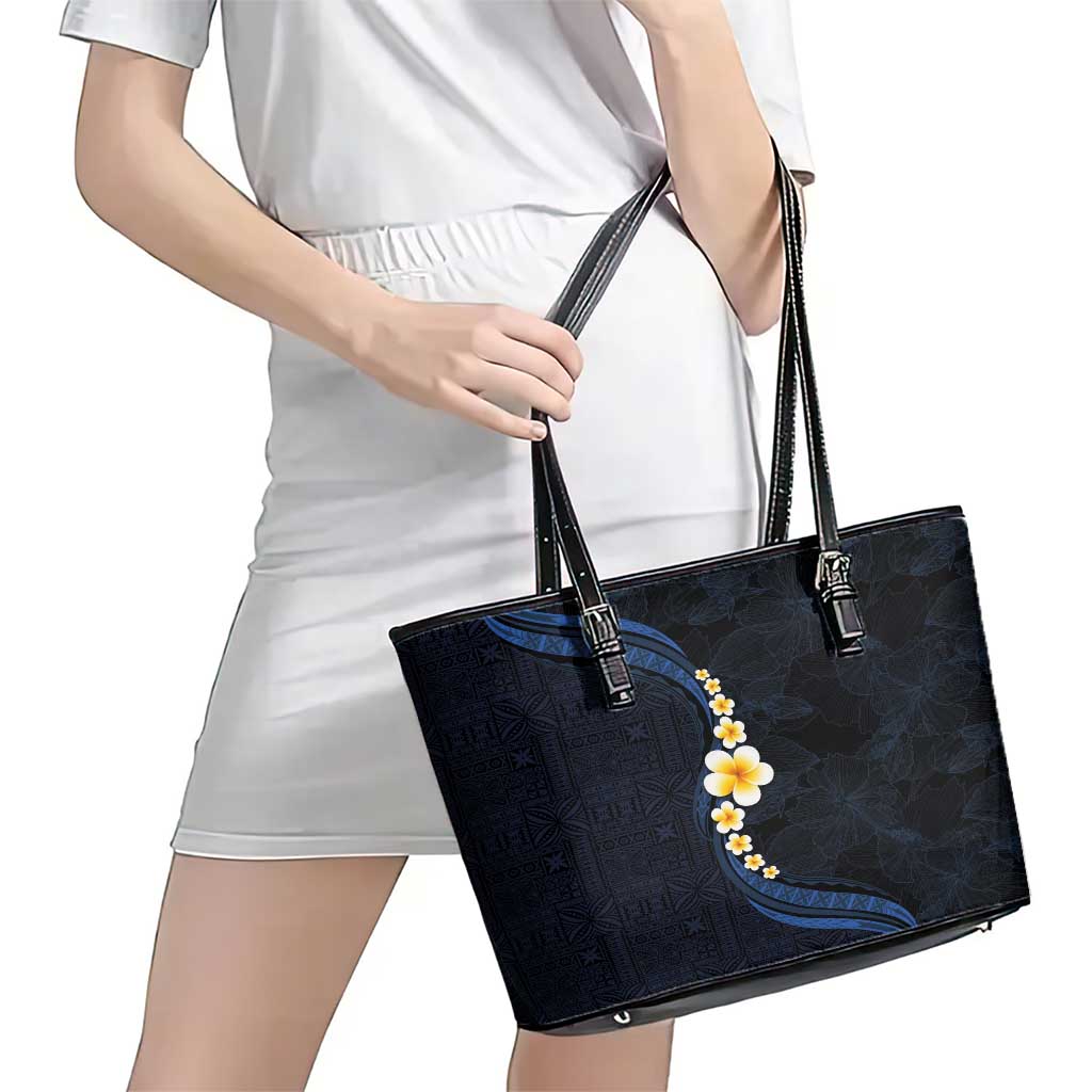 Pacific Hibiscus and Plumeria with Tapa Pattern Leather Tote Bag Dark Blue Color LT03 - Polynesian Pride