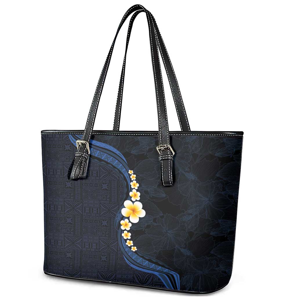 Pacific Hibiscus and Plumeria with Tapa Pattern Leather Tote Bag Dark Blue Color LT03 - Polynesian Pride