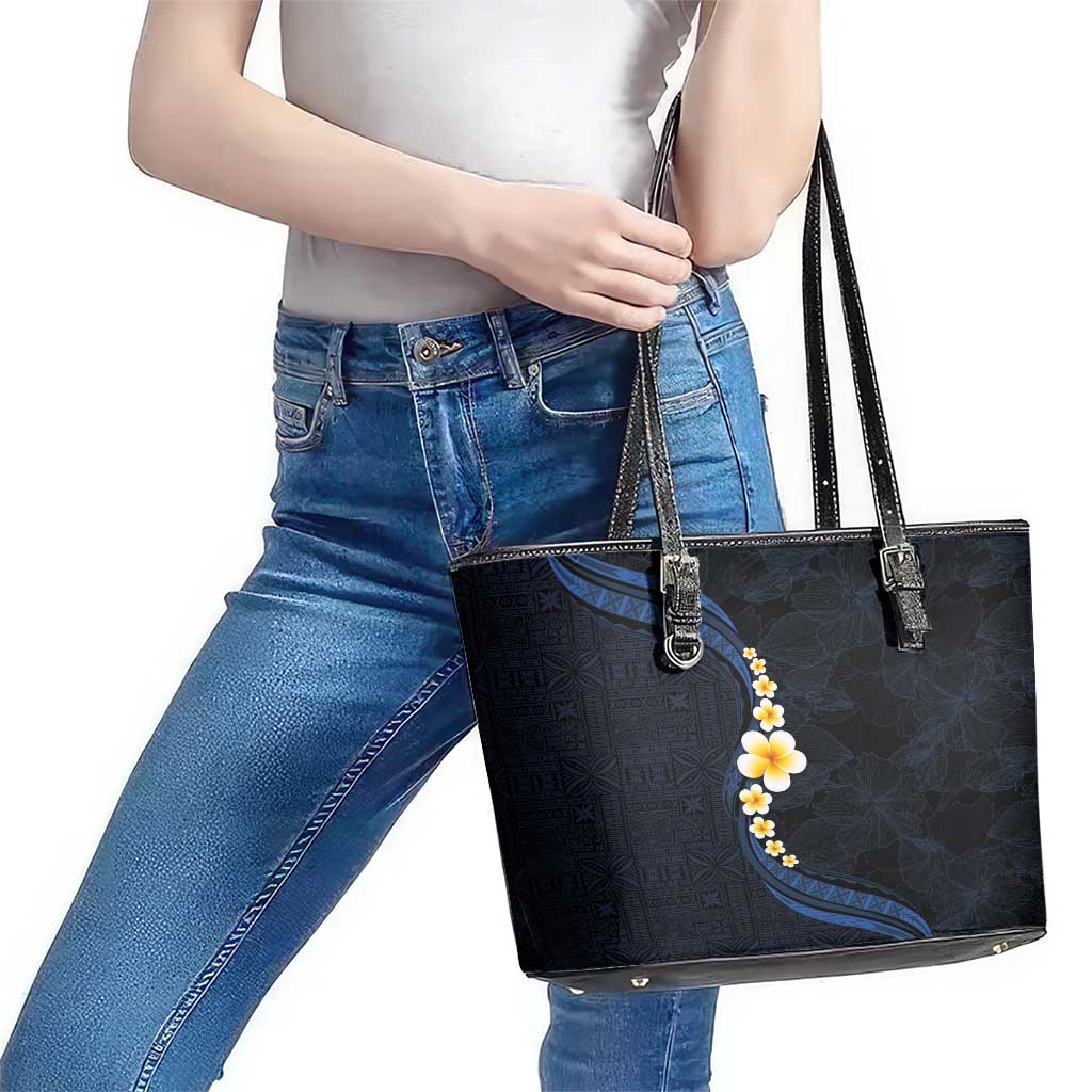 Pacific Hibiscus and Plumeria with Tapa Pattern Leather Tote Bag Dark Blue Color LT03 - Polynesian Pride