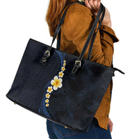 Pacific Hibiscus and Plumeria with Tapa Pattern Leather Tote Bag Dark Blue Color LT03 - Polynesian Pride