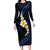 Pacific Hibiscus and Plumeria with Tapa Pattern Long Sleeve Bodycon Dress Dark Blue Color