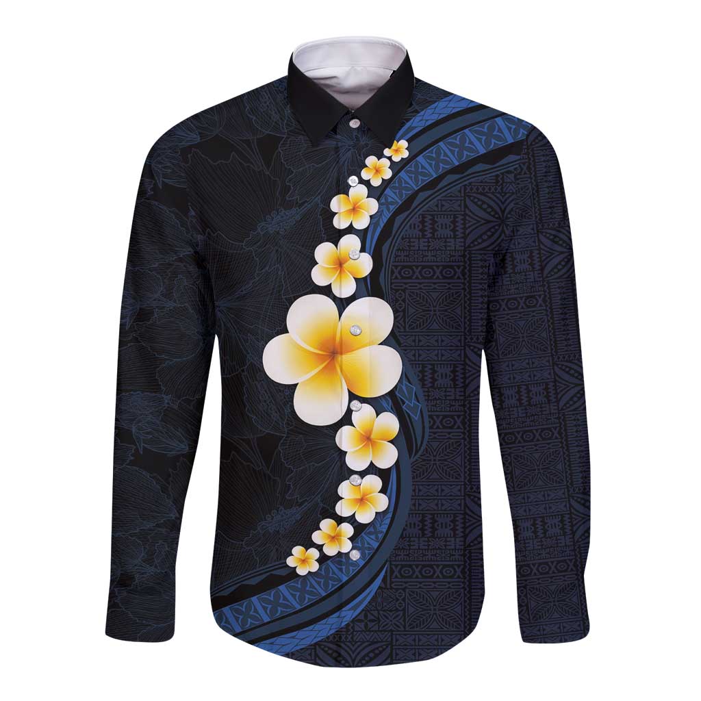 Pacific Hibiscus and Plumeria with Tapa Pattern Long Sleeve Button Shirt Dark Blue Color