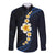 Pacific Hibiscus and Plumeria with Tapa Pattern Long Sleeve Button Shirt Dark Blue Color