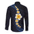 Pacific Hibiscus and Plumeria with Tapa Pattern Long Sleeve Button Shirt Dark Blue Color