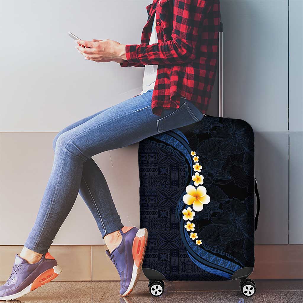 Pacific Hibiscus and Plumeria with Tapa Pattern Luggage Cover Dark Blue Color