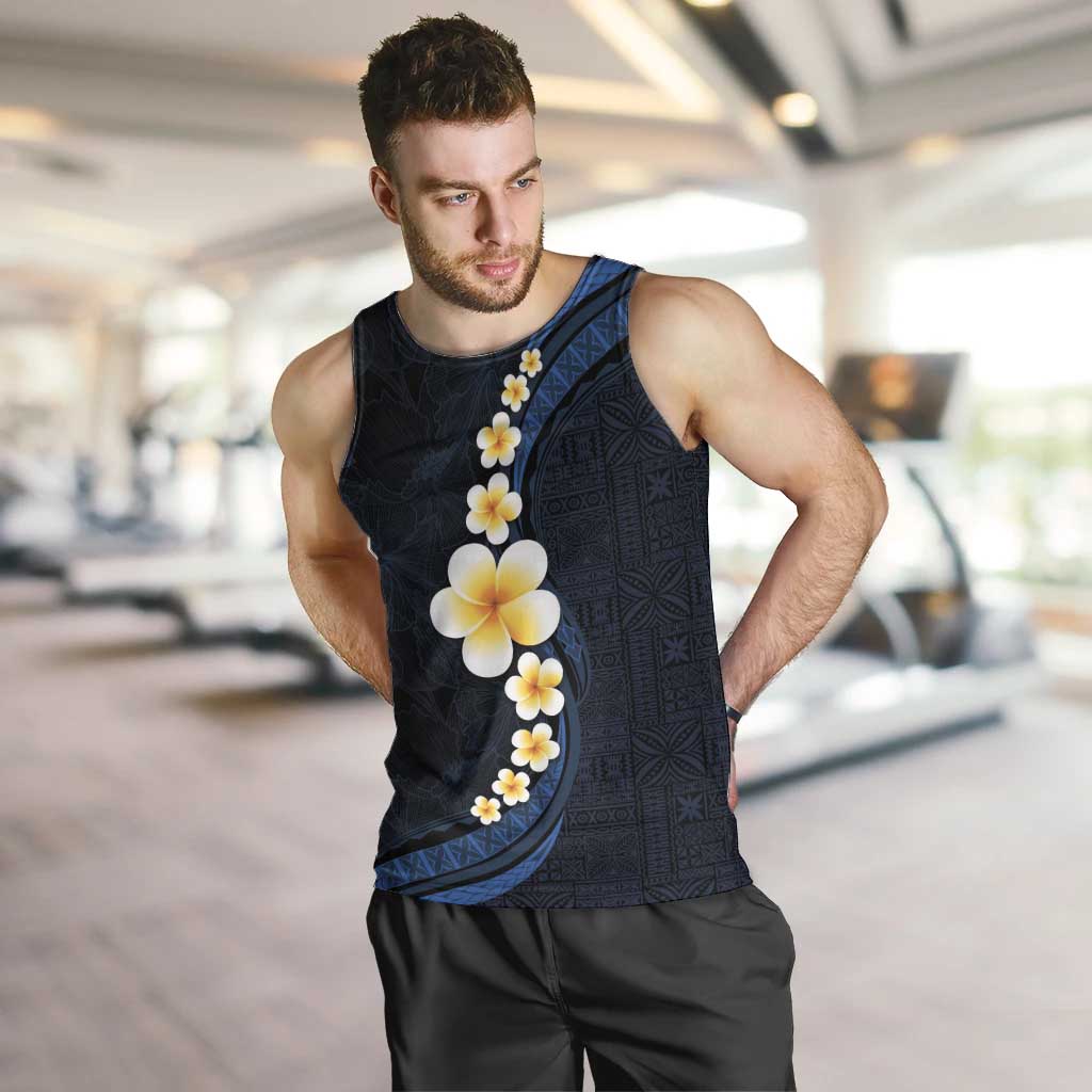Pacific Hibiscus and Plumeria with Tapa Pattern Men Tank Top Dark Blue Color LT03 Blue - Polynesian Pride
