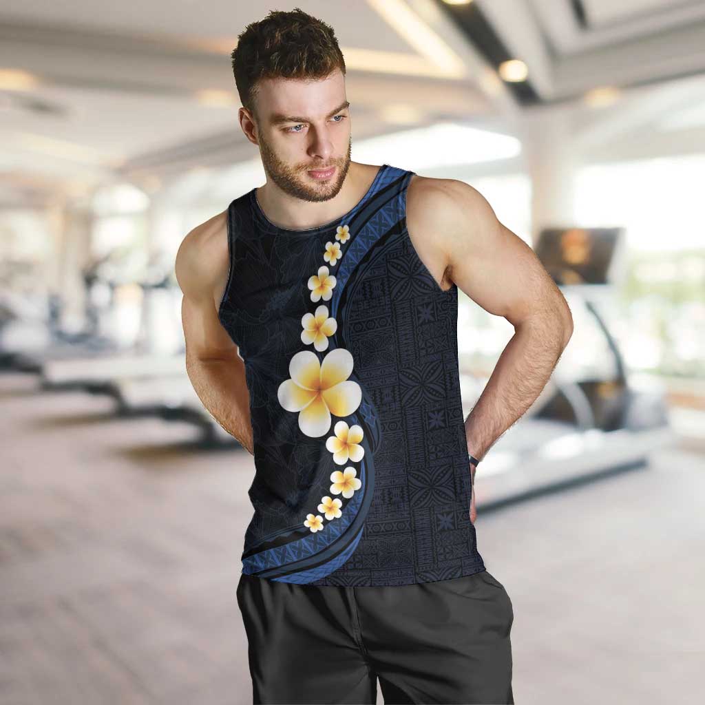 Pacific Hibiscus and Plumeria with Tapa Pattern Men Tank Top Dark Blue Color