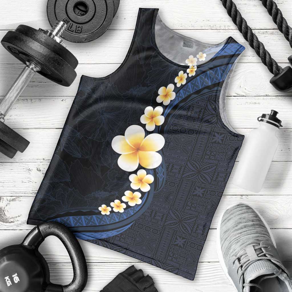 Pacific Hibiscus and Plumeria with Tapa Pattern Men Tank Top Dark Blue Color LT03 - Polynesian Pride