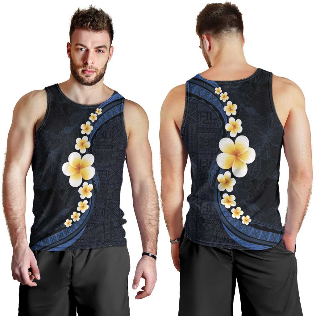 Pacific Hibiscus and Plumeria with Tapa Pattern Men Tank Top Dark Blue Color LT03 - Polynesian Pride