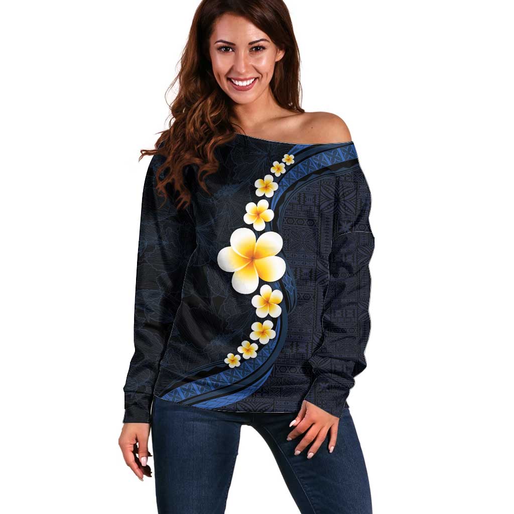 Pacific Hibiscus and Plumeria with Tapa Pattern Off Shoulder Sweater Dark Blue Color